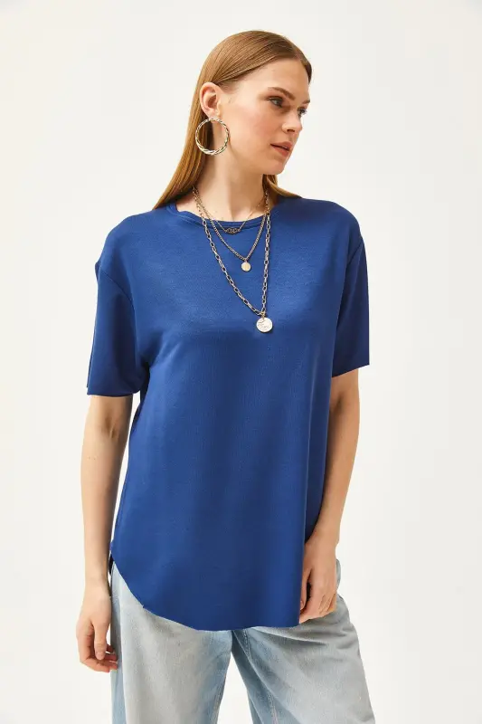 Women's Navy Blue Modal Buttoned Soft Textured Curved Hem - 3