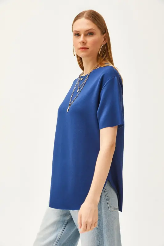 Women's Navy Blue Modal Buttoned Soft Textured Curved Hem - 4