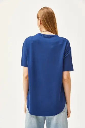 Women's Navy Blue Modal Buttoned Soft Textured Curved Hem - 5