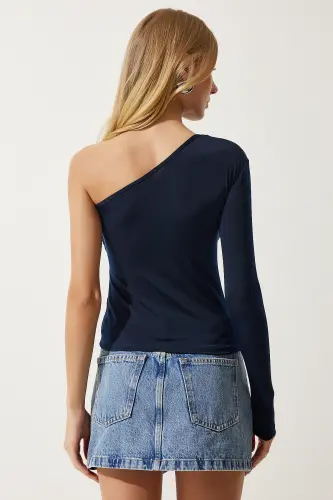 Women's Navy Blue One Shoulder Ruched Detail Knitted Blouse ZH00032-Navy - 6