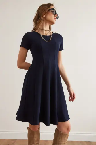 Women's Navy Blue Patchwork Trendy Mini Flared Dress DRE- - 3