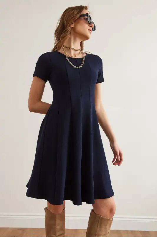 Women's Navy Blue Patchwork Trendy Mini Flared Dress DRE- - 3