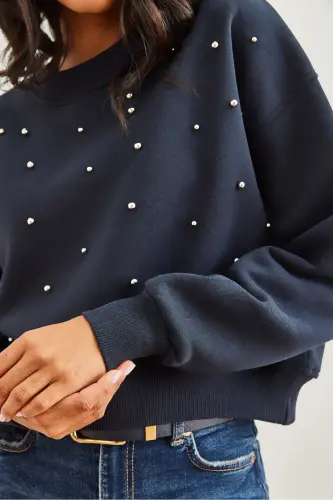 Women's Navy Blue Pearl Detailed Fleece Crop Thick Sweatshirt SWT-19000663-Navy - 8