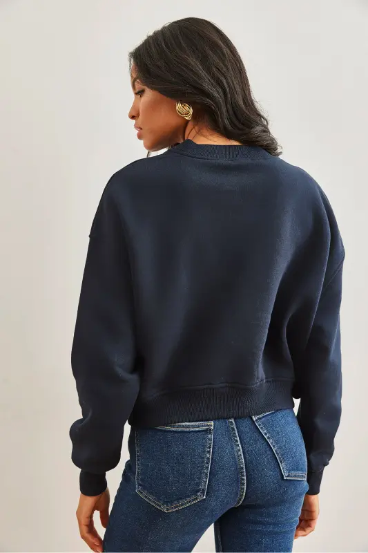 Women's Navy Blue Pearl Detailed Fleece Crop Thick Sweatshirt SWT-19000663-Navy - 9
