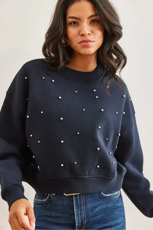 Women's Navy Blue Pearl Detailed Fleece Crop Thick Sweatshirt SWT-19000663-Navy - 2