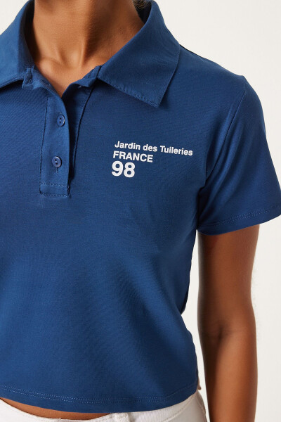 Women's Navy Blue Polo Collar Printed Crop Knitted T-Shirt - 6