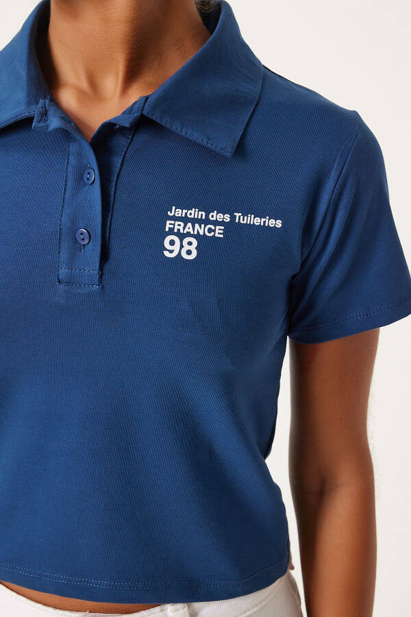 Women's Navy Blue Polo Collar Printed Crop Knitted T-Shirt - 6