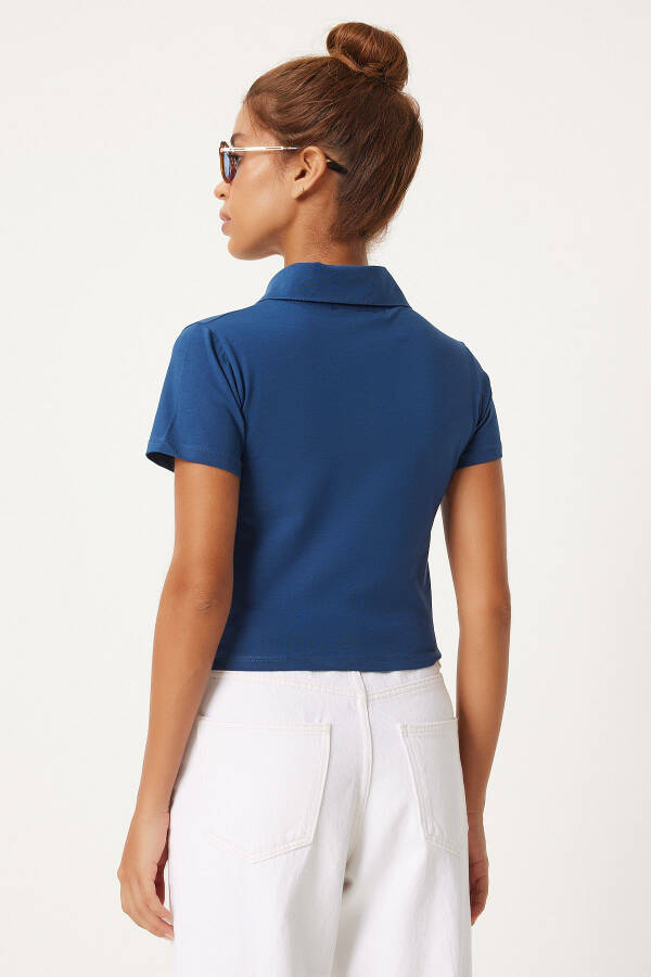 Women's Navy Blue Polo Collar Printed Crop Knitted T-Shirt - 7