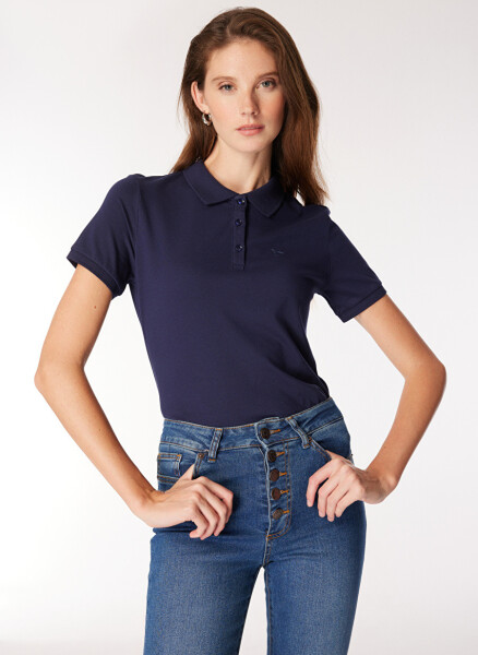 Women's Navy Blue Polo Neck Basic T-Shirt - 2