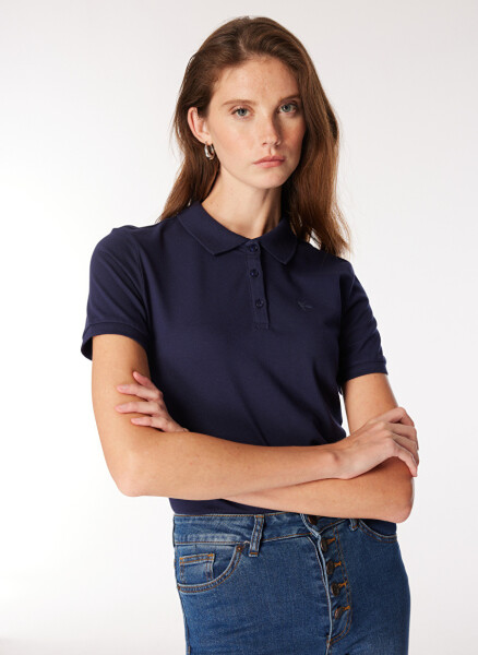 Women's Navy Blue Polo Neck Basic T-Shirt - 3