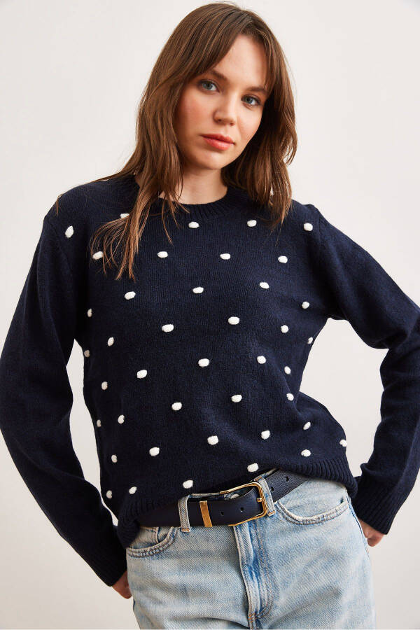 Women's Navy Blue Pompom Knitted Sweater KZK-19000923 - 1