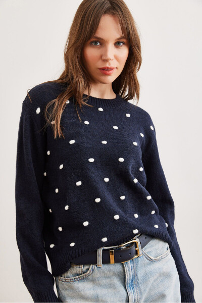 Women's Navy Blue Pompom Knitted Sweater KZK-19000923 - OLALOOK (1)