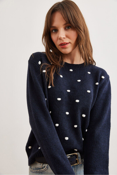Women's Navy Blue Pompom Knitted Sweater KZK-19000923 - 3