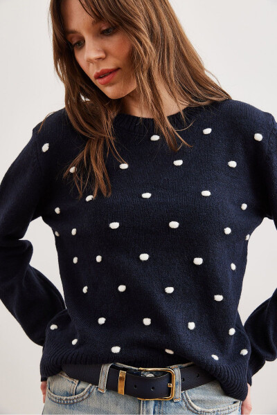 Women's Navy Blue Pompom Knitted Sweater KZK-19000923 - 5