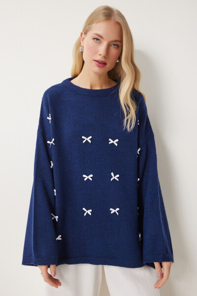 Women's Navy Blue Ribbon Detailed Oversize Knitted Sweater KB00042 - 1