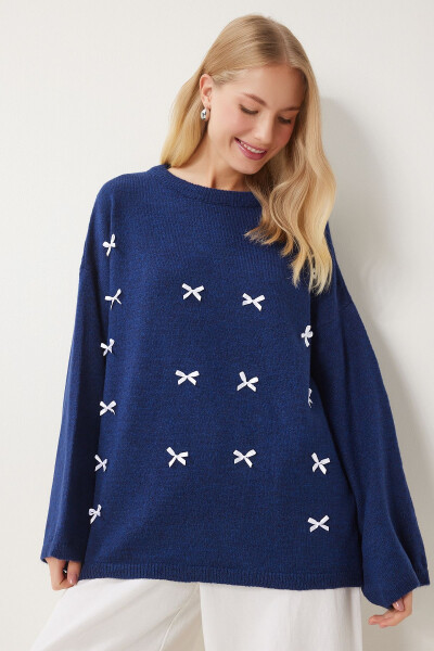Women's Navy Blue Ribbon Detailed Oversize Knitted Sweater KB00042 - 2