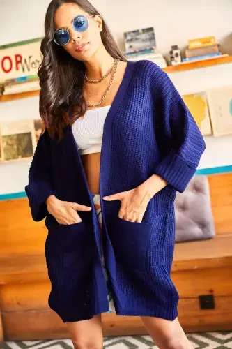 Women's Navy Blue Roll-Up Sleeve Pocketed Slouchy Knit Cardigan HRK-19000123-Navy Blue - 3