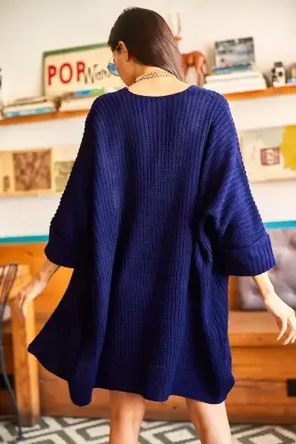 Women's Navy Blue Roll-Up Sleeve Pocketed Slouchy Knit Cardigan HRK-19000123-Navy Blue - 5