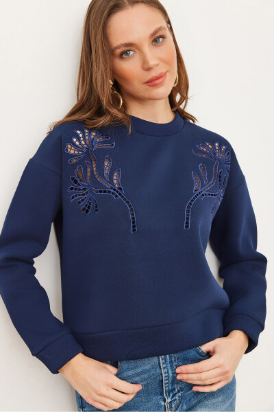 Women's Navy Blue Ruffle Detail Thistle Sweatshirt SWT-19000703 - 1