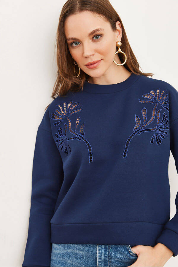 Women's Navy Blue Ruffle Detail Thistle Sweatshirt SWT-19000703 - 2