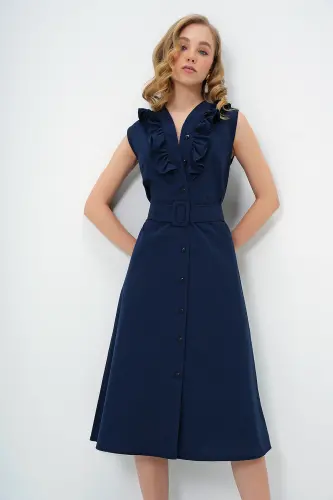 Women's Navy Blue Ruffled Front Belted Poplin Woven Dress ALC-X11609-NAVY 