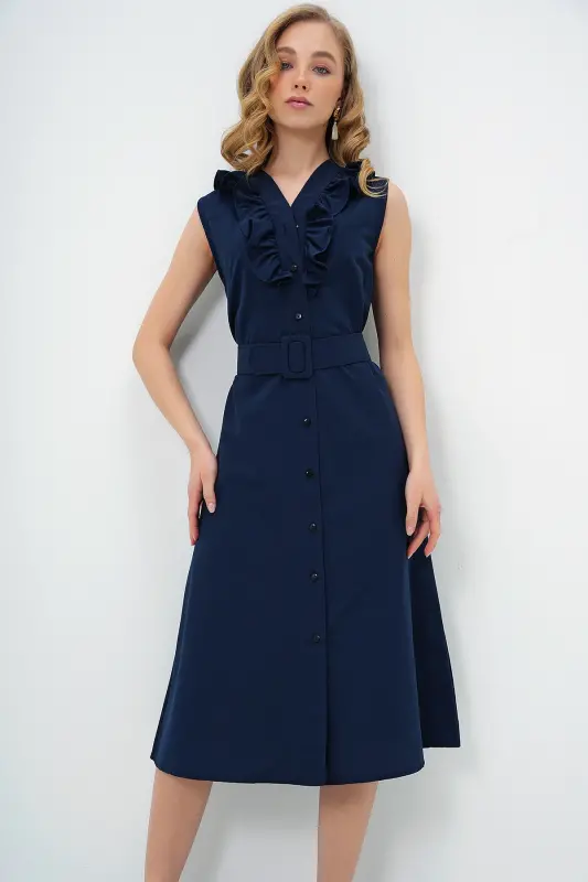 Women's Navy Blue Ruffled Front Belted Poplin Woven Dress ALC-X11609-NAVY - 3
