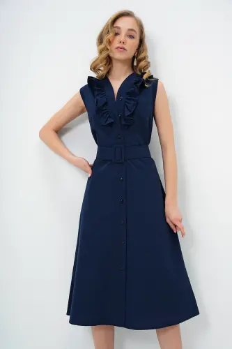 Women's Navy Blue Ruffled Front Belted Poplin Woven Dress ALC-X11609-NAVY - 4