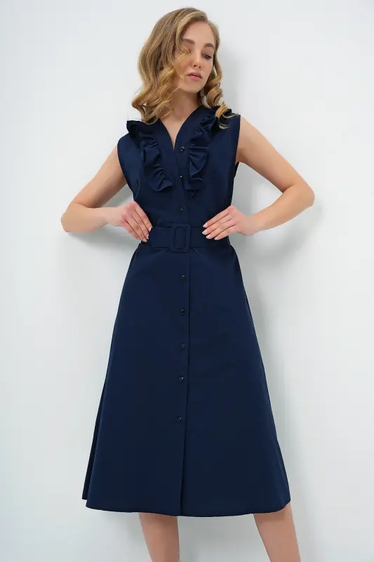 Women's Navy Blue Ruffled Front Belted Poplin Woven Dress ALC-X11609-NAVY - 5