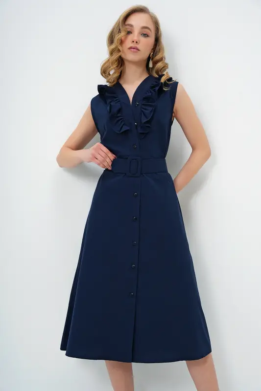 Women's Navy Blue Ruffled Front Belted Poplin Woven Dress ALC-X11609-NAVY - 6
