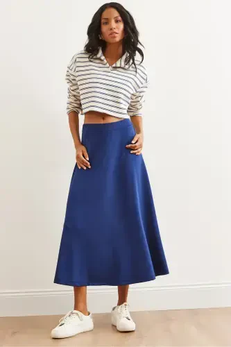 Women's Navy Blue Soft Touch Modal Effect Bell Skirt - 1