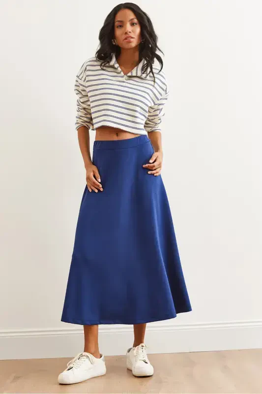 Women's Navy Blue Soft Touch Modal Effect Bell Skirt - 1