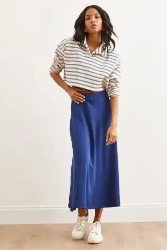 Women's Navy Blue Soft Touch Modal Effect Bell Skirt - 3