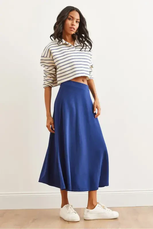 Women's Navy Blue Soft Touch Modal Effect Bell Skirt - 4