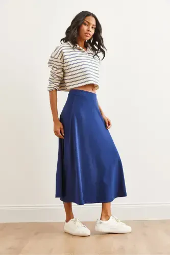 Women's Navy Blue Soft Touch Modal Effect Bell Skirt - 5
