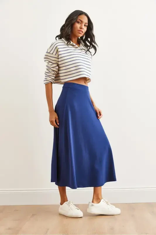 Women's Navy Blue Soft Touch Modal Effect Bell Skirt - 5