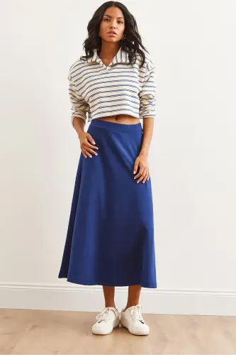 Women's Navy Blue Soft Touch Modal Effect Bell Skirt - 2