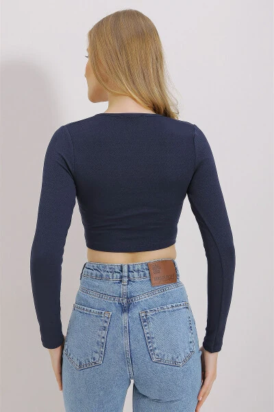 Women's Navy Blue Square Neck Front Stitched Crop Blouse ALC-X11437 - 6
