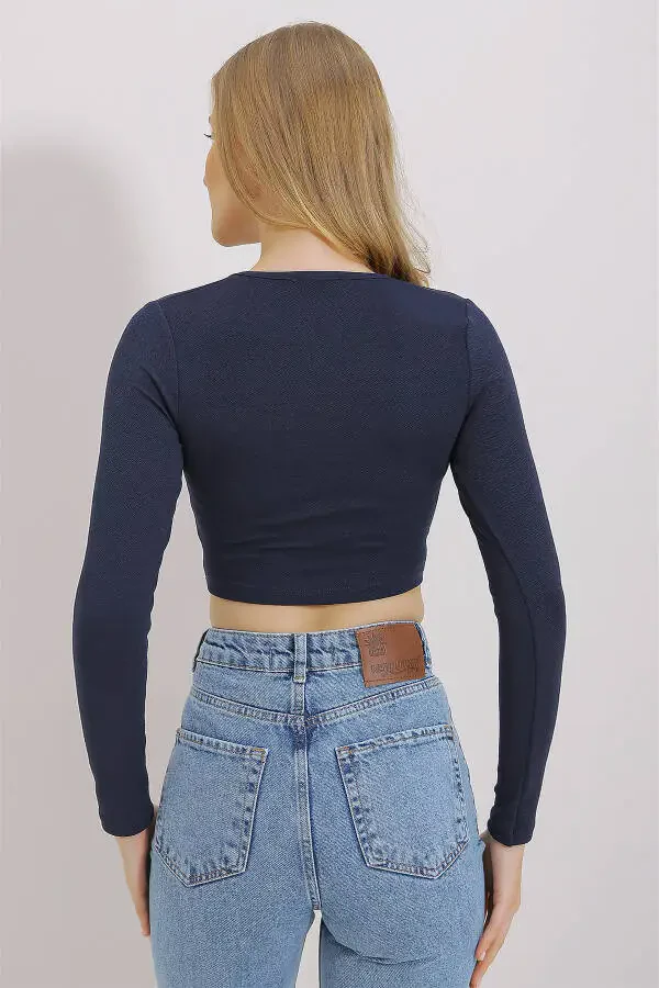 Women's Navy Blue Square Neck Front Stitched Crop Blouse ALC-X11437 - 6