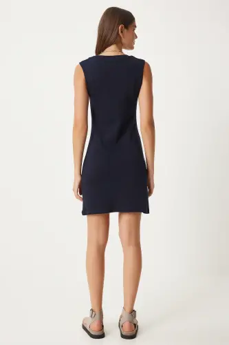 Women's Navy Blue Square Neck Thick Strap Knitted Dress OW00040-Navy Blue - 5