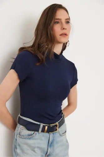 Women's Navy Blue Stand-up Collar Soft Texture Flexible T-shirt - 4