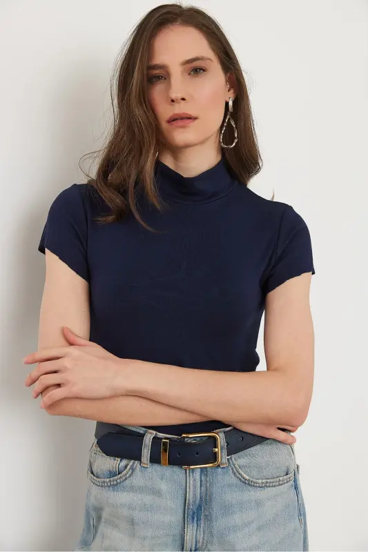Women's Navy Blue Stand-up Collar Soft Texture Flexible T-shirt - 5