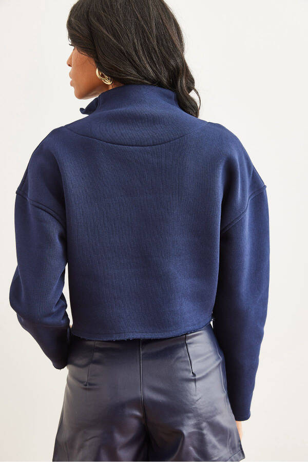 Women's Navy Blue Stand-up Collar Zip-up Thistle Crop Thick Sweatshirt SWT-19000696 - 5