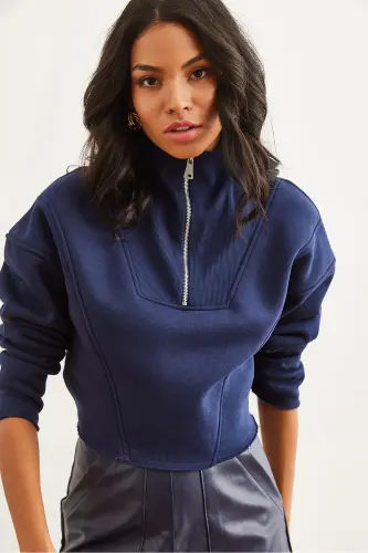 Women's Navy Blue Stand-up Collar Zip-up Thistle Crop Thick Sweatshirt SWT-19000696 - OLALOOK (1)