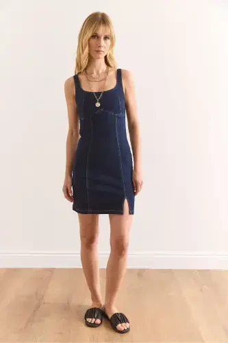 Women's Navy Blue Stitch Detail Mini Slit Denim - OLALOOK (1)