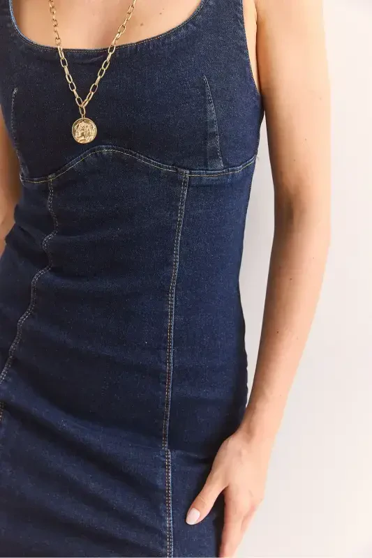 Women's Navy Blue Stitch Detail Mini Slit Denim - 6