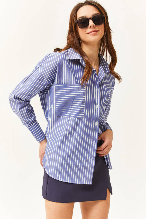 Women's Navy Blue Striped Oversized Shirt with Pockets GML-19001171 - 1