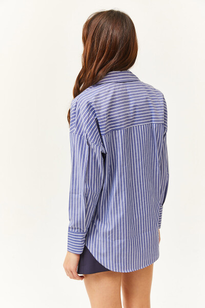 Women's Navy Blue Striped Oversized Shirt with Pockets GML-19001171 - 2