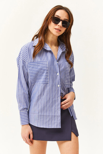 Women's Navy Blue Striped Oversized Shirt with Pockets GML-19001171 - 3