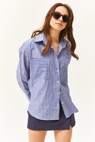 Women's Navy Blue Striped Oversized Shirt with Pockets GML-19001171 - 4