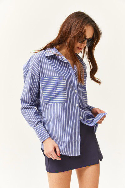 Women's Navy Blue Striped Oversized Shirt with Pockets GML-19001171 - 5